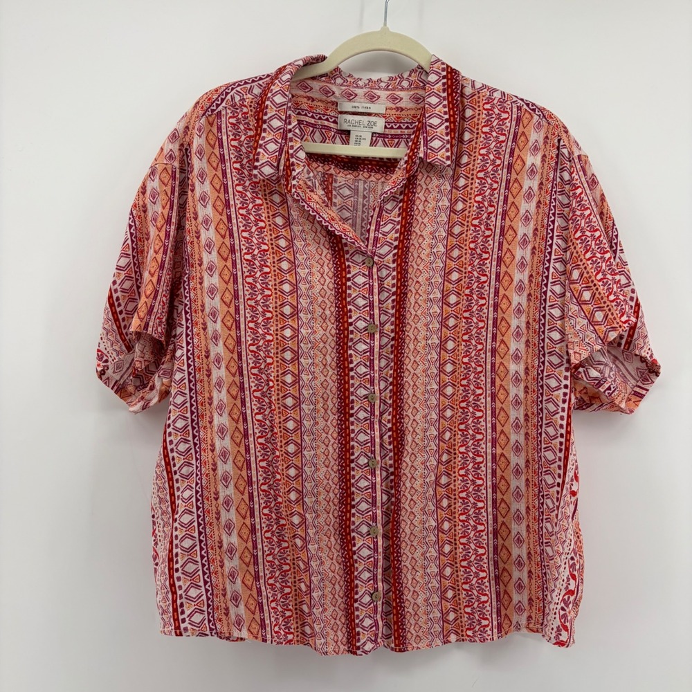 Rachel Zoe XL Multicolor Linen Button Down Shirt Geometric Tribal Short Sleeve